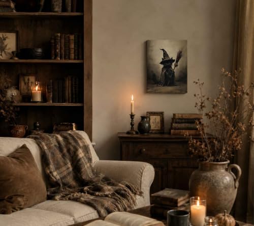 Wizard Black Cat Wall Art Canvas - Halloween Gothic Animal Decor 16x12in