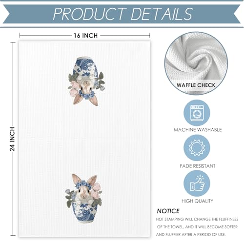 Chinoiserie Easter Bunny Kitchen Dish Towels Set of 2 - Blue & White Floral Bunny Hand Towels - Bunny-05