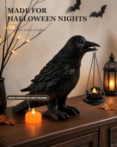 Gothic Crow Candle Holder - Halloween Decor, Resin Raven Statue for Bookshelf & Fireplace