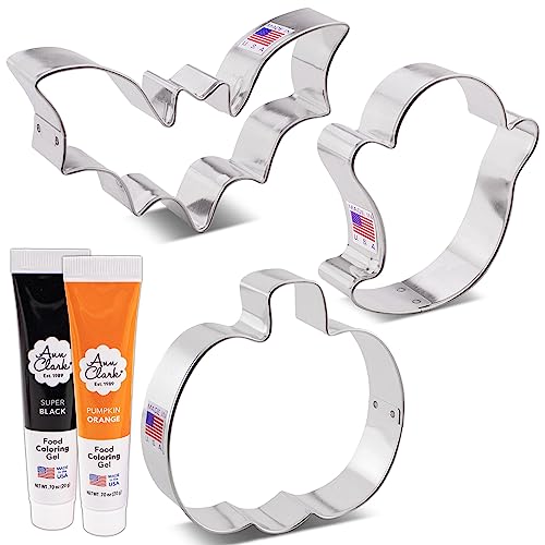 Halloween Cookie Cutter Set with Food Coloring Gel - Pumpkin Ghost Bat Shapes