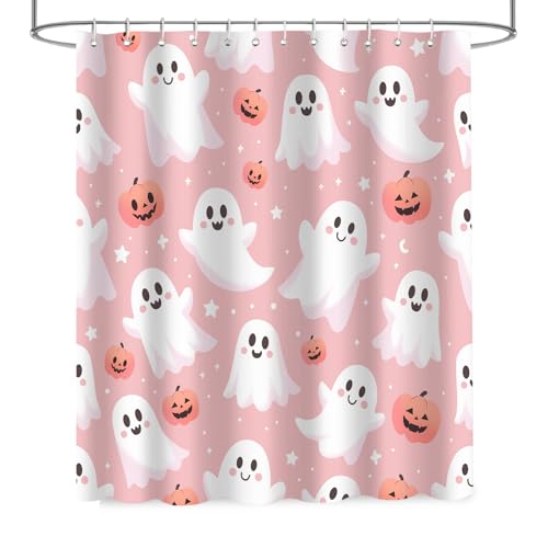 Halloween Shower Curtain Pink Cute Abstract Spooky Pumpkin Bathroom Decor with 12 Hooks - Pink3