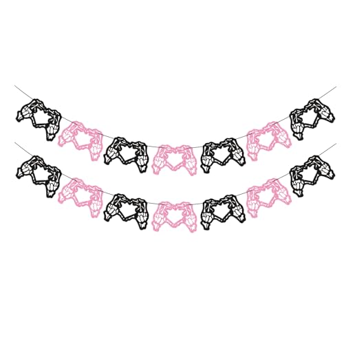 Halloween Skeleton Heart Banner Pink & Black Gothic Party Decor Set - Spooky Garland for Gothic Weddings and Bachelorette Parties