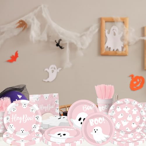 Pink Halloween Ghost Paper Plates and Napkins Set - 144pcs Party Supplies