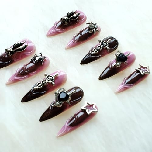 Pink Black Bunny Gothic Press-On Nails - Ombre Stiletto with 3D Halloween Charms - Small, LS