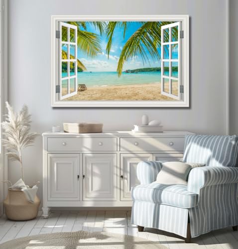 Large Tropical Beach Ocean Canvas Wall Art - Blue Seascape, Ready to Hang, 32x48 Inches, Coastal Living Room Decor - Variation: Palm Tree Style