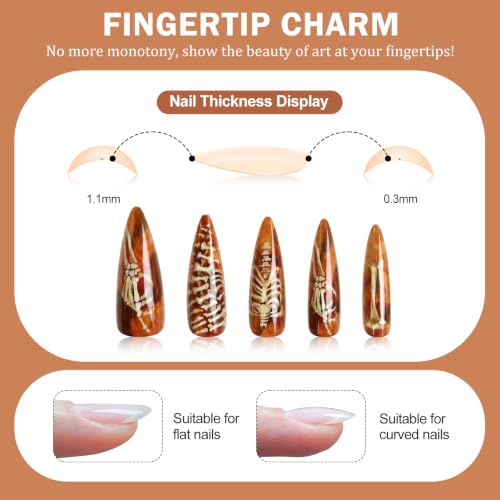 Halloween Amber Skeleton Stiletto Fake Nails Kit - Gothic Press On Nails, 24pcs