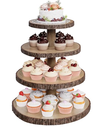 Wood Cupcake Stand 4 Tier Roud Rustic Cake Display Holder for Parties
