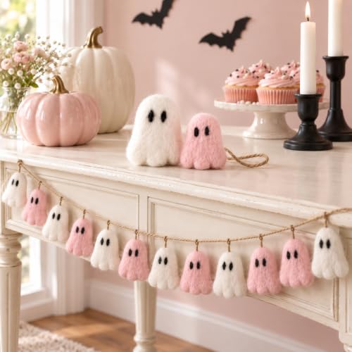 Halloween Felt Ghost Garland Set - Pink & White 6.5 ft Decorations for Parties & Home