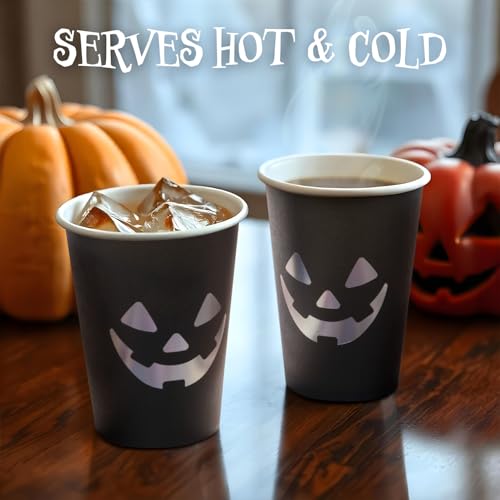 Halloween Disposable Paper Cups - Jack O' Lantern, Black & Silver, 12 oz, Bulk 50 Pack