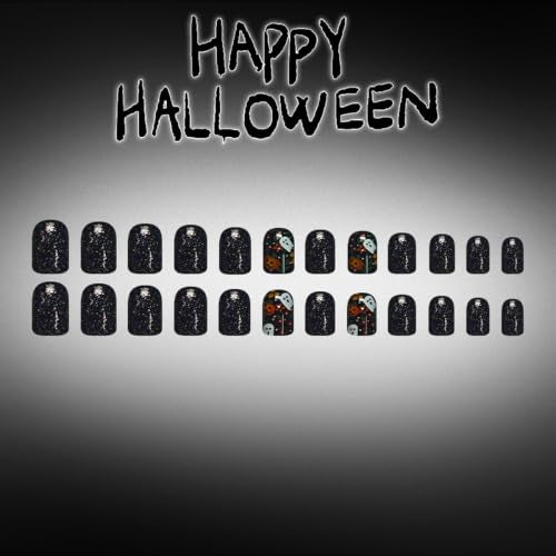 Halloween Press On Nails Short Square Black with Flower Ghost Pumpkin - Style3
