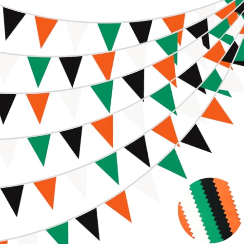 Fabric Bunting Banner for Parties and Events - 40Ft Green Black Orange White Triangle Flags