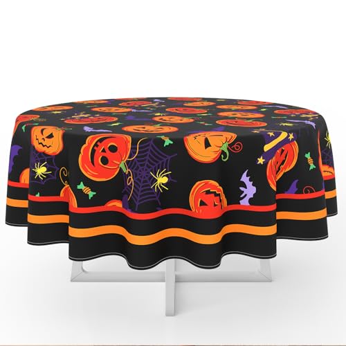 Halloween Round Tablecloth 60x60 Inch Waterproof Bat Pumpkin Design - Washable Party Decor