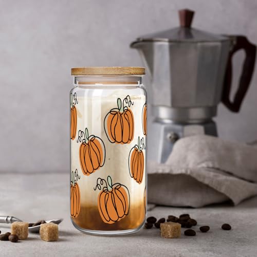 Fall Pumpkin Glass Cup 16oz with Lid & Straw - Halloween & Thanksgiving Gift, Pumpkin Variation