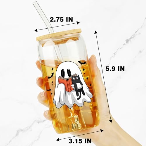 Halloween Ghost Cat Glass Cup 16Oz Iced Coffee Mug with Lids & Straws - Spooky & Cat Variation