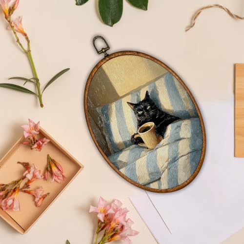 Vintage Black Cat Drinking Coffee Oval Wall Art - 8.6x11.4 Inches - Black Cat Variation