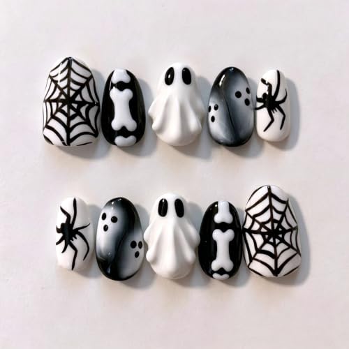Gothic Halloween Press On Nails Short Almond Spider Ghost Set - Variation 31