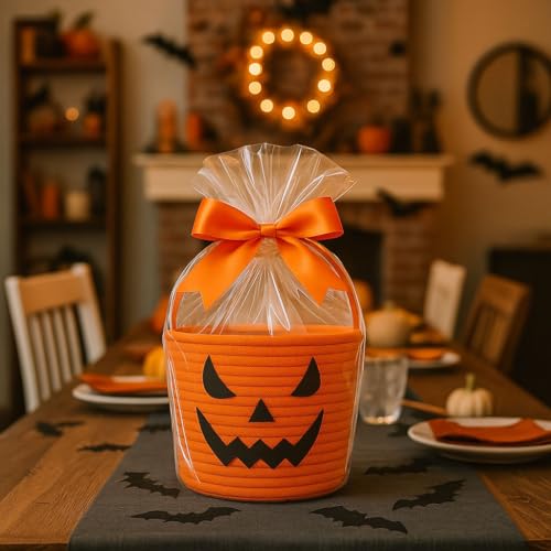 Halloween Trick or Treat Basket - Durable Cotton Rope Candy Container, 6.3x9 Inches