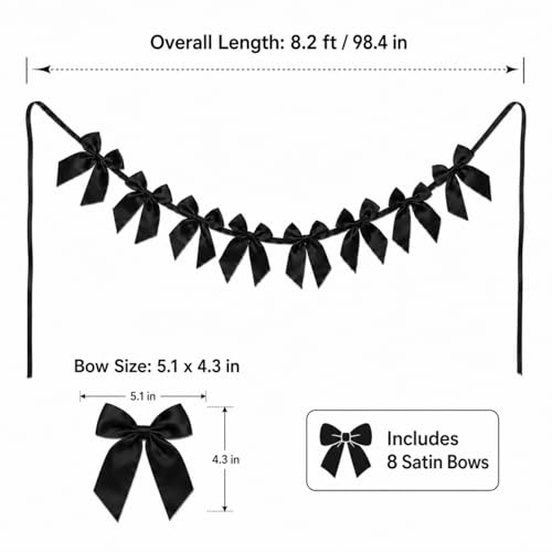 Black Satin Bow Garland - Pre-Strung Party Banner for Celebrations - Black