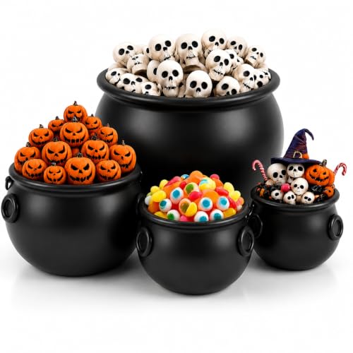 Black 4-Piece Halloween Witch Cauldron Bucket Set - 12, 10, 8 & 6 Inch Sizes