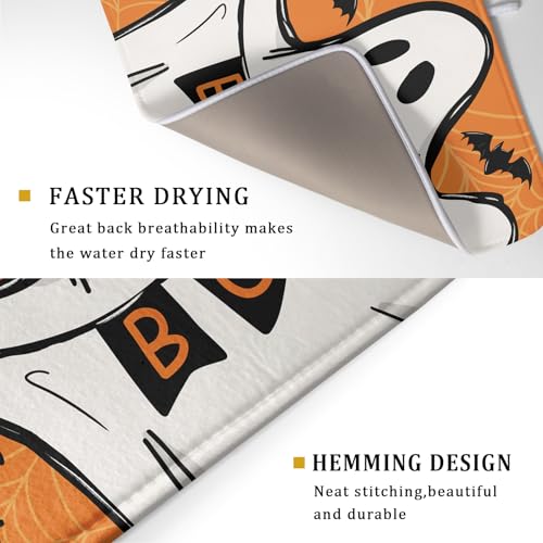 Halloween Dish Drying Mat - Boo Orange Ghost & Bats, 24x18 Inches, Reversible Microfiber Kitchen Protector