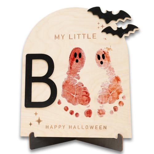 First Halloween Footprint Keepsake Sign - Baby Boo Wooden Decor - Wood Brown