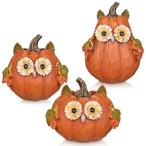 Fall Pumpkin Decor Small Fake Pumpkins with Owl Face - Orange Resin Set of 3