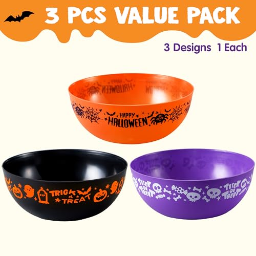 Halloween Candy Bowls Set - 3 Plastic Trick or Treat Dish with Ghost, Spider, Skull Designs