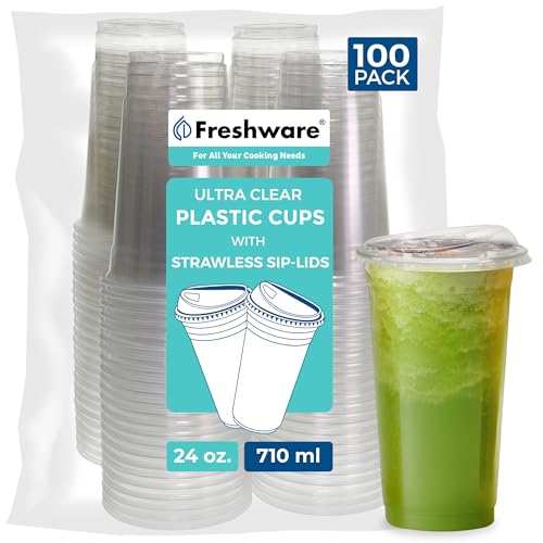 24 oz Clear Disposable Plastic Cups with Strawless Sip Lids - 100 Pack