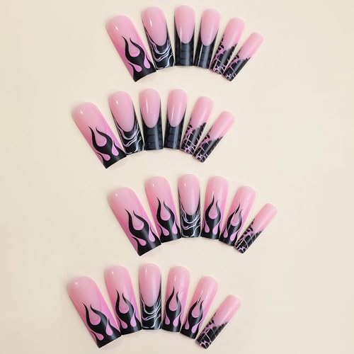 BABALAL French Tip Press On False Nails - Long Black Flame Style, Glue-On Squoval Acrylic Nails, 24Pcs, Variation BNN08flame
