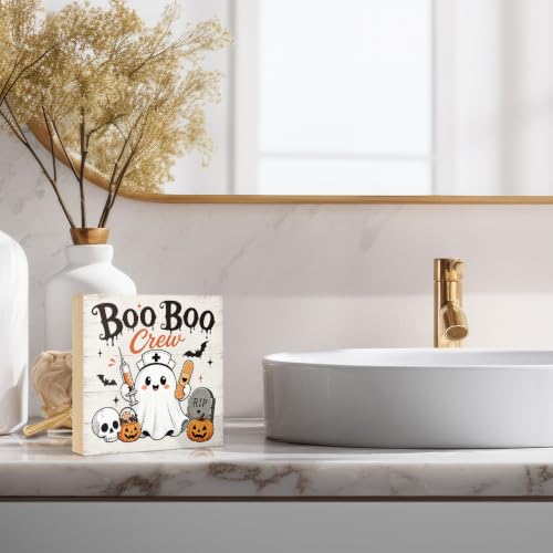 Funny Boo Boo Crew Halloween Ghost Wooden Sign - Rustic Home Decor - Orange-White 2