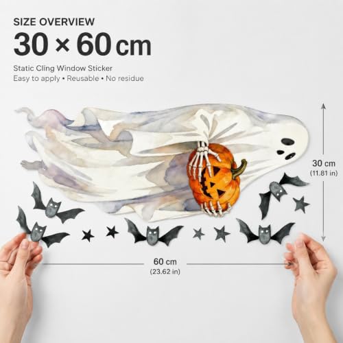 Halloween Ghost Window Clings Set - Large Static Stickers for Windows, Mirrors & Glass Doors - Variation: Halloween Style 14