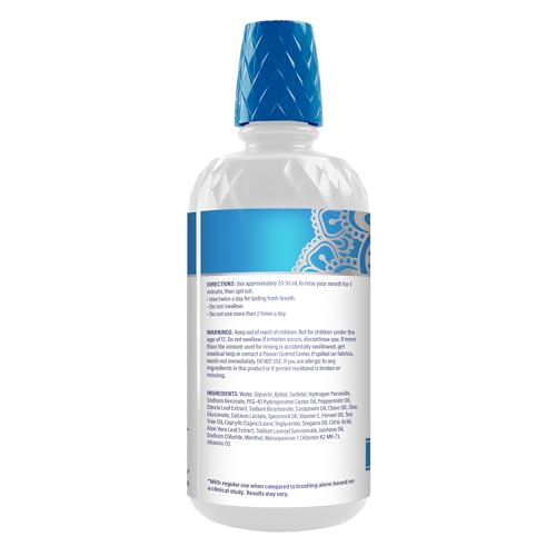 GuruNanda Oxyburst Teeth Whitening Mouthwash – Alcohol & Fluoride Free, with Hydrogen Peroxide & 7 Essential Oils, Value Size for Regular Use, Wild Mint, 1 Liter/33.8 fl oz