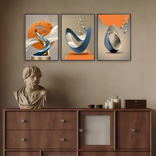 Black Framed 3-Piece Modern Abstract Canvas Wall Art - Gold Deer & Foil Lines, 16x24 Inches