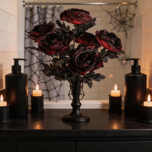 Burgundy Artificial Roses Bouquet Gothic Halloween Decor - Set of 2