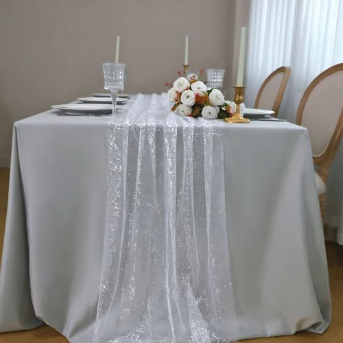 Silver 10FT Table Runner Pack of 10 - Sheer Chiffon Gauze with Sequin Glitter for Weddings & Parties Variation: Silver / 10FT / 10Pcs