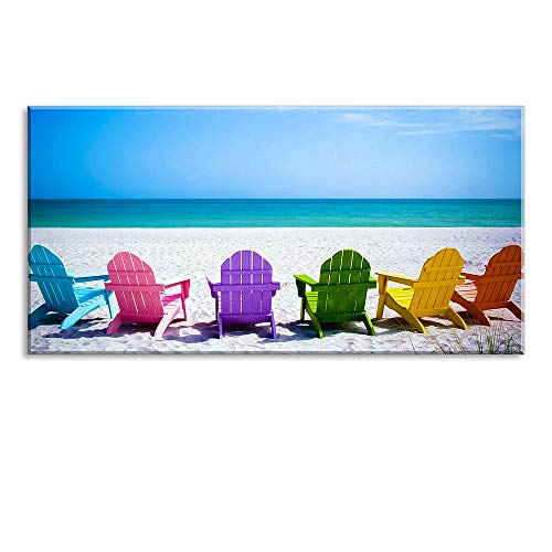 Beach Canvas Wall Art for Living Room - Blue Sea with Colorful Chairs 48" x 24"