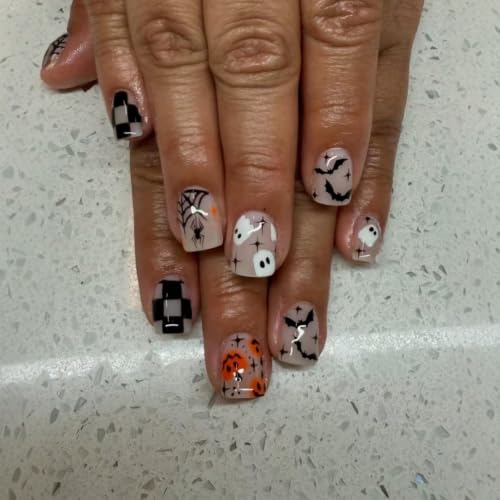 Halloween Press On Nails Short Square Pink Fake Nails Ghost Pumpkin Design W25