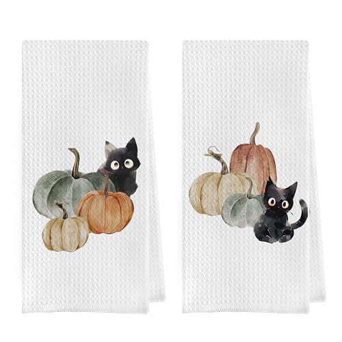 Gequtt Fall Pumpkin Dish Towels Set - Waffle Weave Kitchen Towels, Black Cat Gifts, Fall Decor - Fall-2