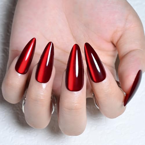 evpct 30Pcs Long Almond Dark Red Cat Eye Metallic Glitter Press-On Nails Set - 30 Ounce