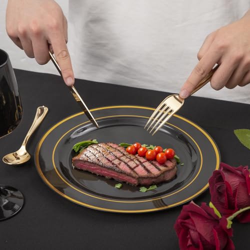 FLOWERCAT 100PCS Black and Gold Disposable Plates Set - Heavy Duty Dinner & Dessert Plates Variation of THIS listing