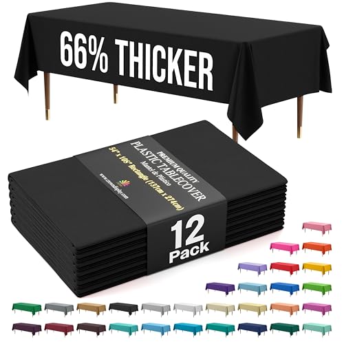Disposable Black Plastic Tablecloth 54x108 Inch 12 Pack Thicker Premium Cover