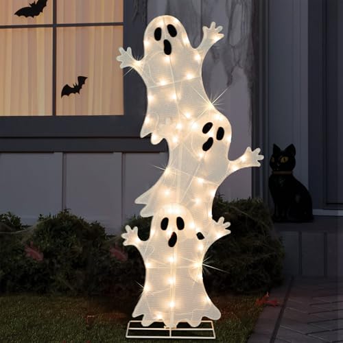Halloween Lighted Stacked Ghosts Decoration - Pre-Lit with 50 Warm White Lights, Spooky Outdoor Yard & Porch Accent - 42 Inch Tall - Variation: Stacked Ghost