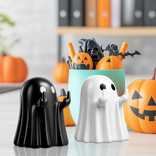 Halloween Ghost Figurine Decor Set - Black and White Resin Mini Statues for Indoor Display