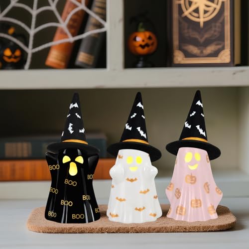 Ceramic Halloween Ghost Decorations Set of 3 with Witch Hats Lighted Indoor Decor