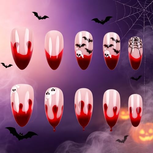 Halloween Fake Nails Set - Medium Almond Nude Blood Red Bat Skull 35 Variations