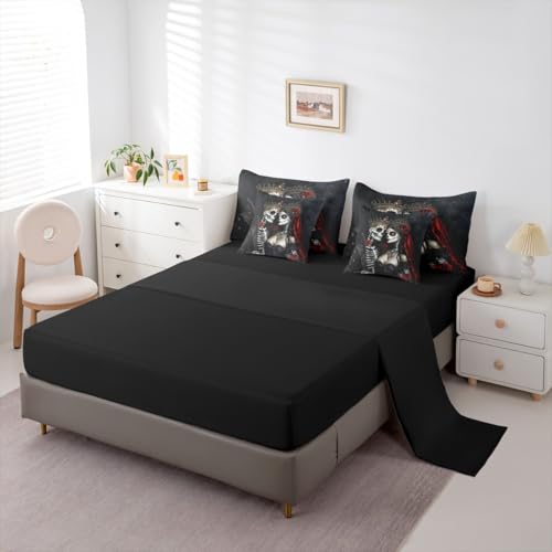 Black Red Queen Comforter Set with Sheets - Gothic Skeleton Bedding 7-Piece