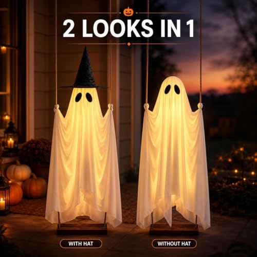 5 Ft Swinging Ghost Halloween Decoration with LED Lights & Removable Witch Hat