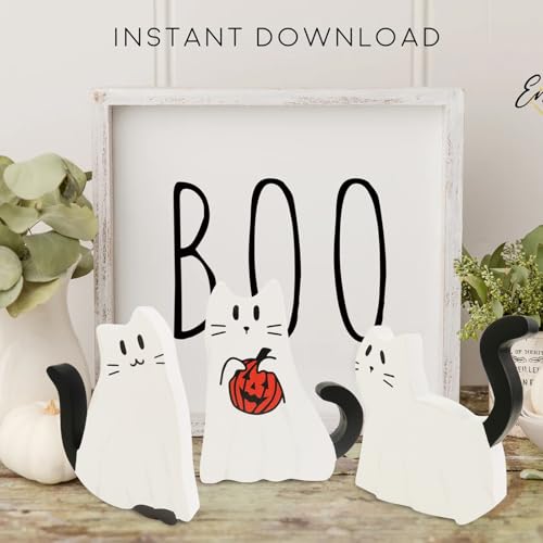 Halloween Ghost Cat Wood Signs Set - Rustic Farmhouse Decor, 3 Pieces