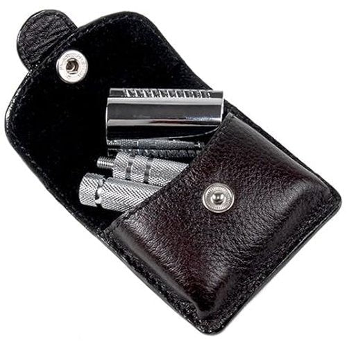 Parker A1R TRAVEL SAFETY RAZOR - Compact 4-Piece Double Edge Safety Razor with Protective Leather Case - Ideal for Everyday Use - Iconic Brand