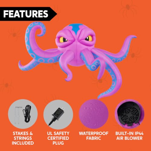 10FT Long Halloween Inflatable Rooftop Octopus with LED Lights - Spooky Outdoor Decor - Blue Tentacled Variation